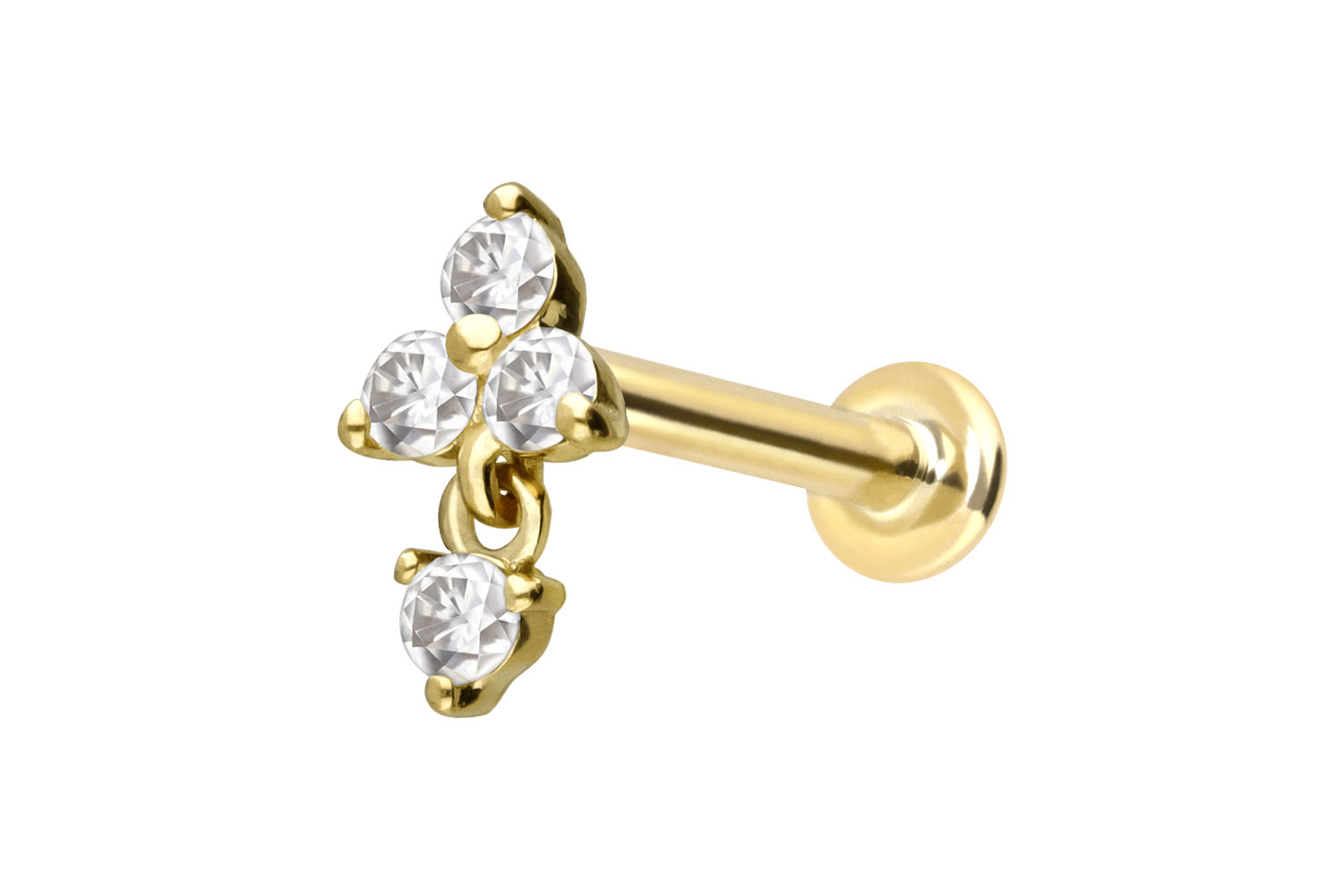 14 Karat Gold Labret Piercing mit Push Fit MOISSANIT-BLUME + MOISSANIT